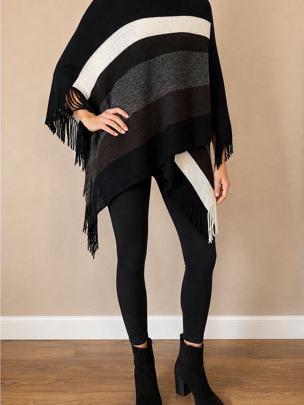 Women’s Black and White Striped Knit Poncho Sweater - Picture 3 of 4